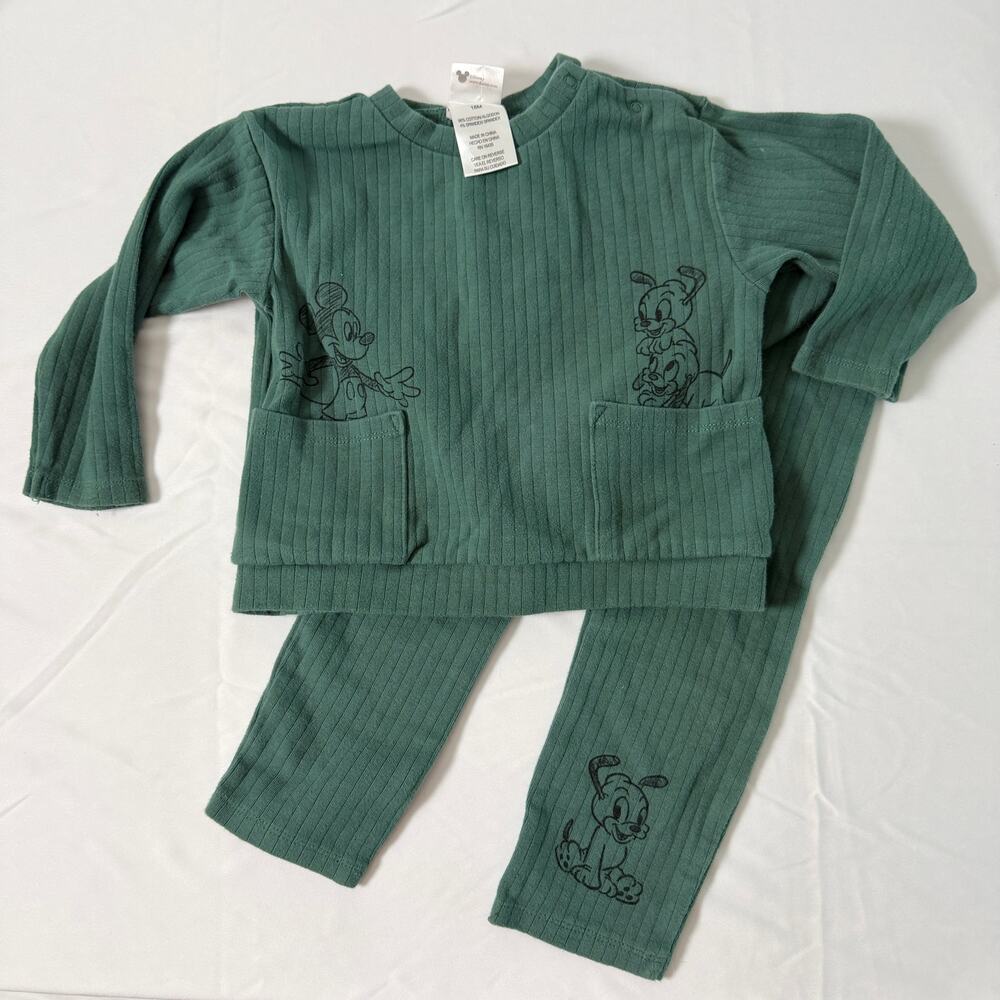 Disney Baby Mickey & Friends Green Ribbed Neutral Matching Set Sz 18 mo